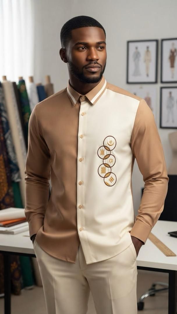 Man in a tan and cream two-piece set with Adinkra symbol embroidery, full outfit