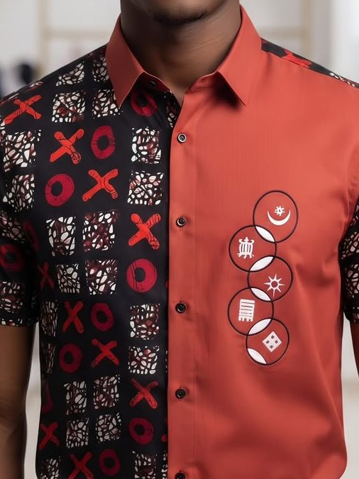 Close-up of a red and black short-sleeve shirt with African print panel and Adinkra symbols