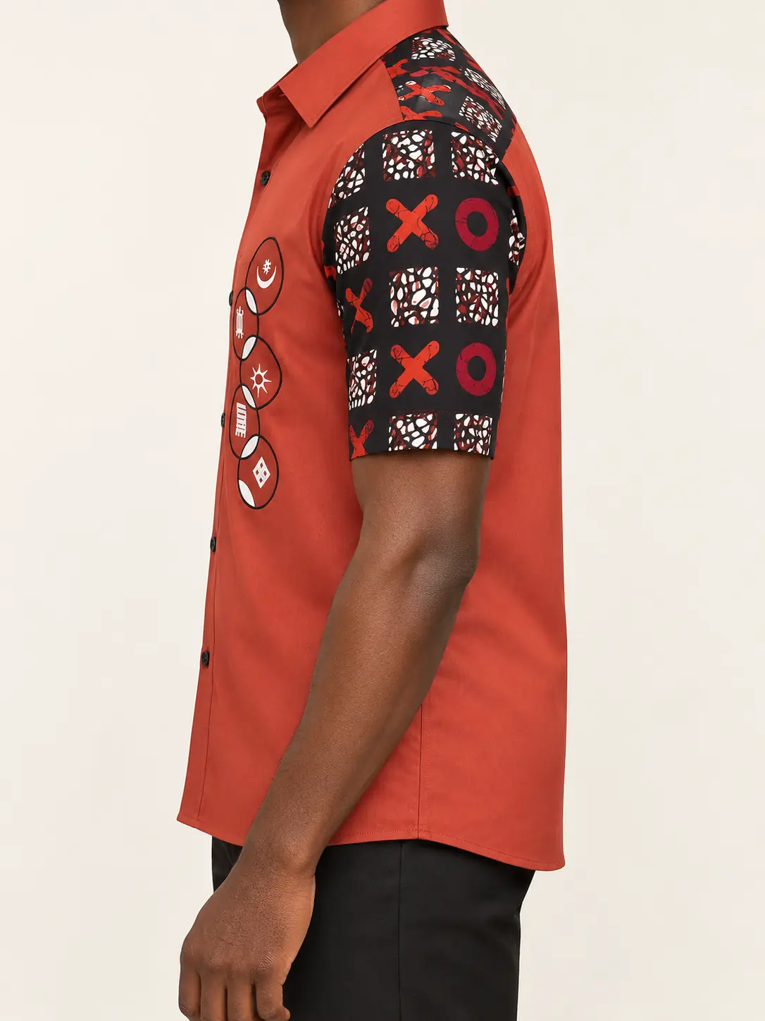 AI visualisation of the side view of the Adinkra Shirt with Embroidery Detailing