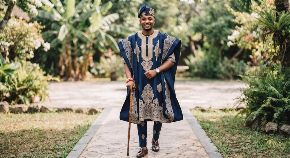 Man in a navy and gold embroidered agbada walking along a garden path