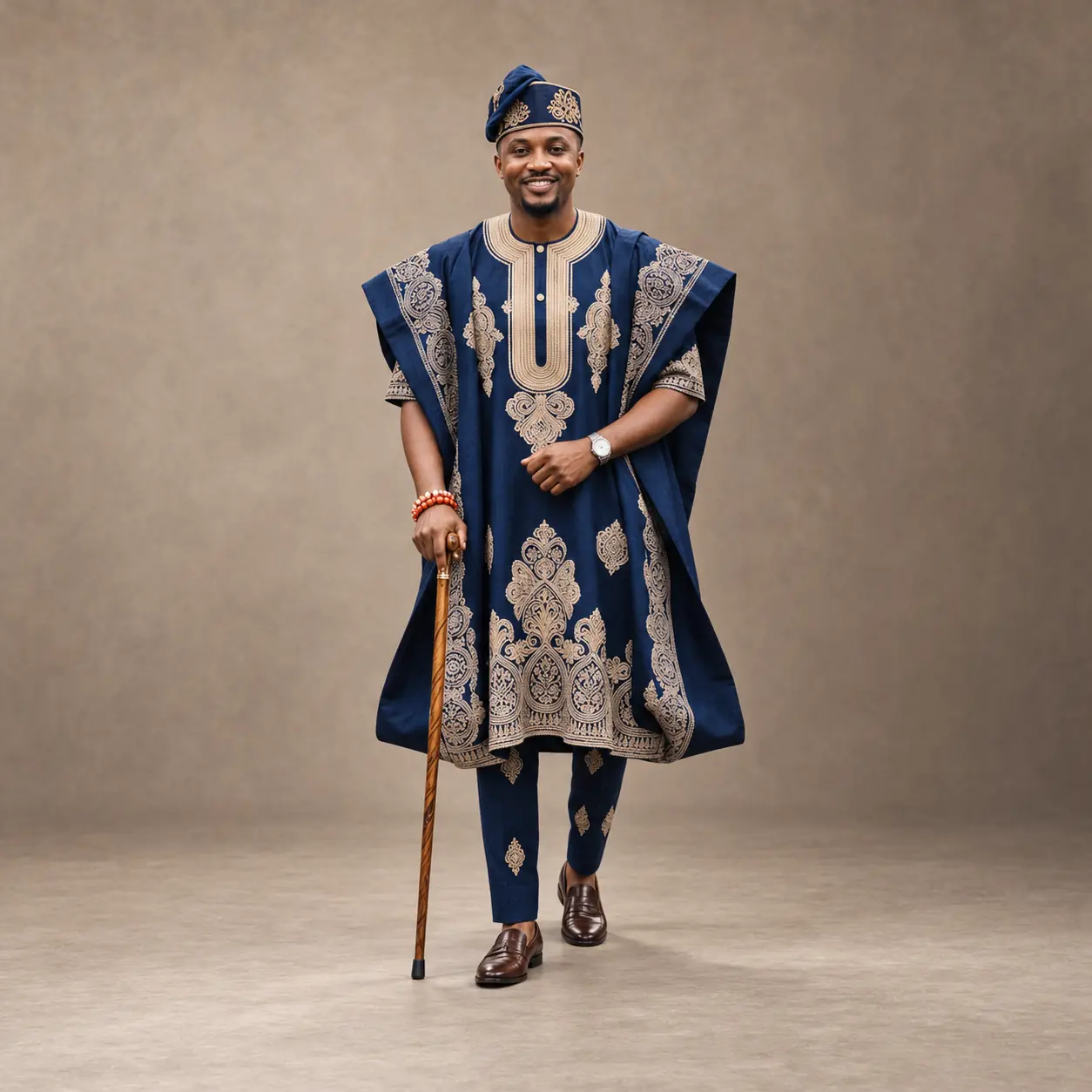 Model wearing a navy embroidered agbada and matching cap in a warm taupe studio setting