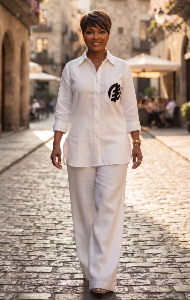 Woman in a white linen shirt with an Adinkra symbol on the pocket and matching wide-leg trousers