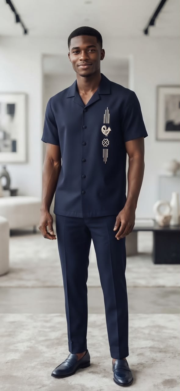 Man in the Royal Adinkra Set, a navy two-piece set with cream Adinkra-inspired embroidery on the shirt