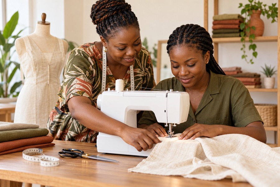 A sewing instructor guiding a learner at a sewing machine in a bright tailoring studio