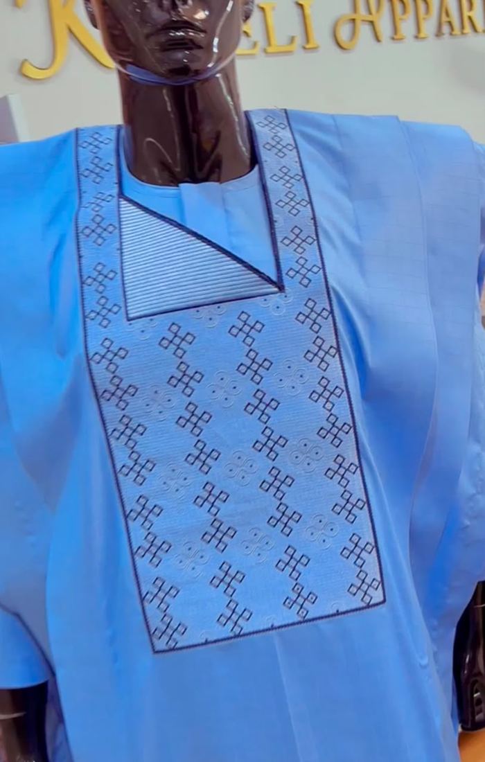 Close-up of the embroidered chest panel on the Sunshine Agbada Set