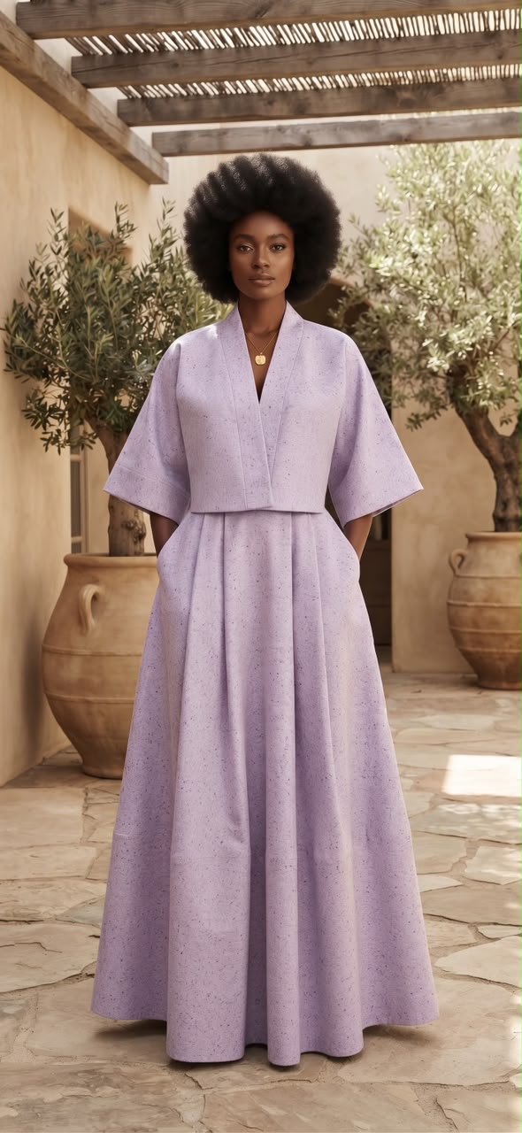Front view of The Yaa Yaa set, a lavender cropped jacket with wide sleeves and matching flowing full-length skirt